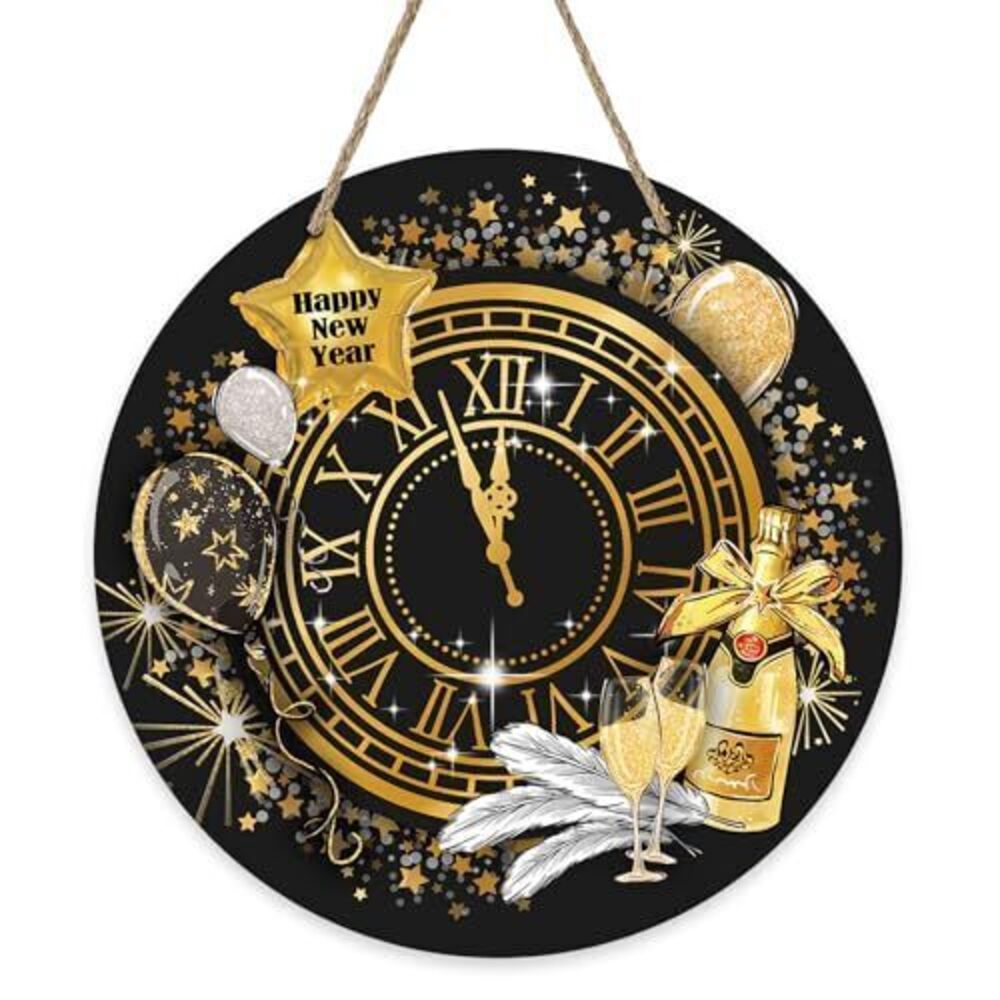 3514 Happy New Year 2026 Front Door Sign, Black Gold Clock Champagne